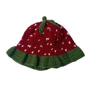 Handmade Strawberry Crochet Bucket Hat Red Green Ruffle Brim Fruit Cottagecore